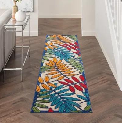 2' X 10' Floral Indoor & Outdoor Area Rug - Ivory / Blue