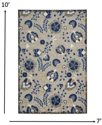 7' X 10' Floral Outdoor & Indoor Area Rug - Blue / Gray