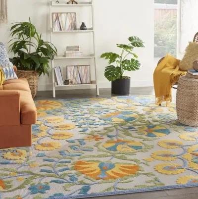 8' X 11' Floral Stain Resistant Indoor / Outdoor Area Rug - Ivory / Blue