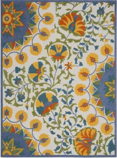 8' X 11' Floral Stain Resistant Indoor / Outdoor Area Rug - Ivory / Blue