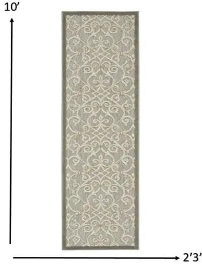 2' X 10' Floral Indoor / Outdoor Area Rug - Gray / Ivory