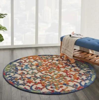 4' Round Round Floral Area Rug Indoor & Outdoor - Blue / Ivory