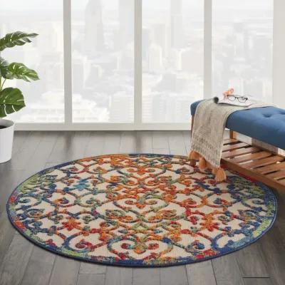 4' Round Round Floral Area Rug Indoor & Outdoor - Blue / Ivory