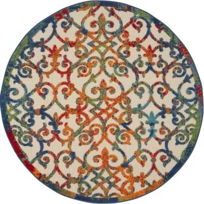 4' Round Round Floral Area Rug Indoor & Outdoor - Blue / Ivory