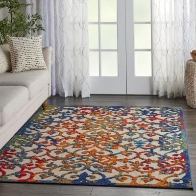 5' X 8' Floral Outdoor & Indoor Area Rug - Ivory / Blue