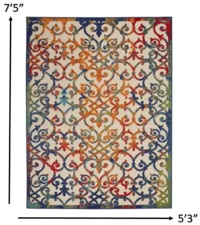 5' X 8' Floral Outdoor & Indoor Area Rug - Ivory / Blue