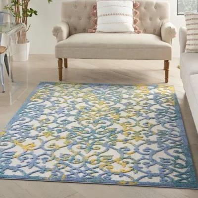 6' X 9' Floral Outdoor / Indoor Area Rug - Ivory / Blue