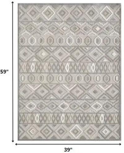 3' X 5' Southwestern Stain Resistant Indoor / Outdoor Area Rug - Gray / Ivory