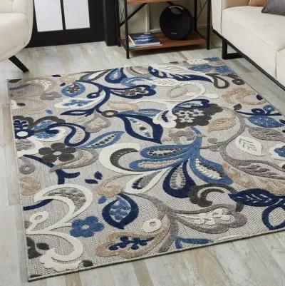 8' X 10' Floral Stain Resistant Indoor / Outdoor Area Rug - Blue / Gray