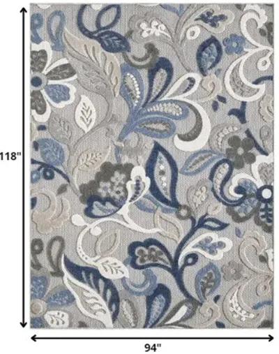 8' X 10' Floral Stain Resistant Indoor / Outdoor Area Rug - Blue / Gray