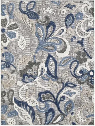 8' X 10' Floral Stain Resistant Indoor / Outdoor Area Rug - Blue / Gray