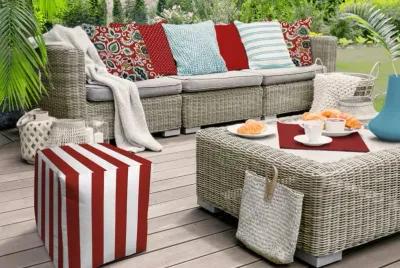 Polyester Cube Striped Indoor / Outdoor Pouf Ottoman - Red