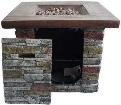 Outdoor Wood And Brick Square Gas Fire Pit With Lava Rocks - Brown