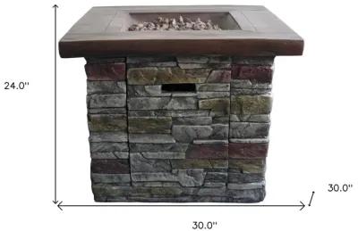 Outdoor Wood And Brick Square Gas Fire Pit With Lava Rocks - Brown