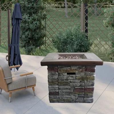 Outdoor Wood And Brick Square Gas Fire Pit With Lava Rocks - Brown