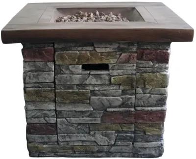 Outdoor Wood And Brick Square Gas Fire Pit With Lava Rocks - Brown