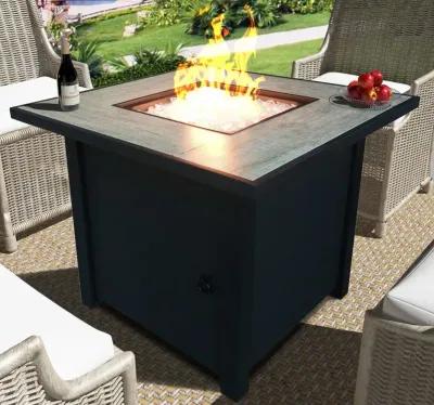 Square Fire Pit With Glass Rocks - Black Metal / Tile