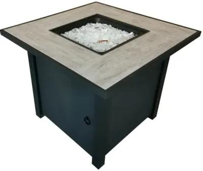 Square Fire Pit With Glass Rocks - Black Metal / Tile