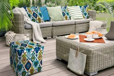 Cube Damask Indoor Outdoor Pouf Cover - Turquoise