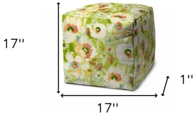 Cube Floral Indoor Outdoor Pouf Cover - Green