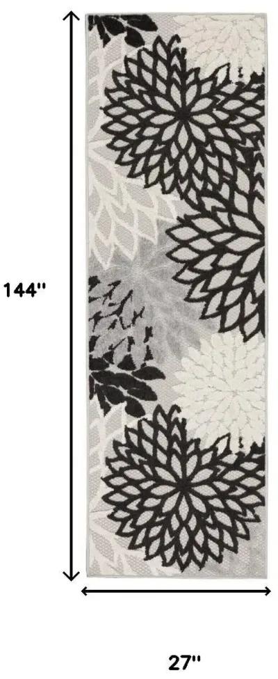 2' X 12' Floral Non Skid Indoor / Outdoor Runner Rug - Black / White