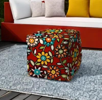 Polyester Cube Floral Indoor Outdoor Pouf Cover - Red