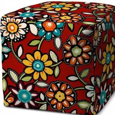 Polyester Cube Floral Indoor Outdoor Pouf Cover - Red