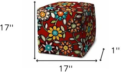 Polyester Cube Floral Indoor Outdoor Pouf Cover - Red