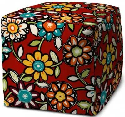 Polyester Cube Floral Indoor Outdoor Pouf Cover - Red