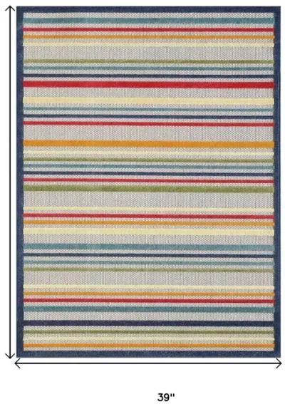 3' X 5' Striped Stain Resistant Indoor / Outdoor Area Rug - Ivory / Blue