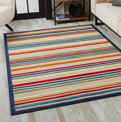 3' X 5' Striped Stain Resistant Indoor / Outdoor Area Rug - Ivory / Blue