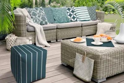 Cube Striped Indoor Outdoor Pouf Cover - Turquoise