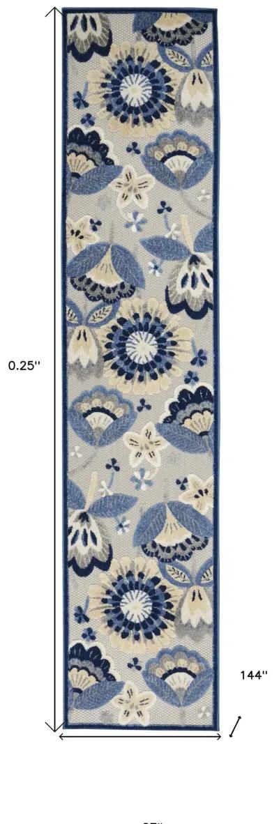 2' X 12' Floral Non Skid Outdoor / Indoor Runner Rug - Blue / Gray