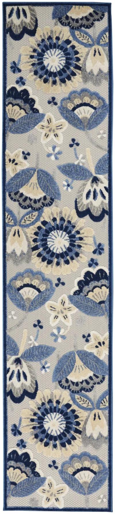 2' X 12' Floral Non Skid Outdoor / Indoor Runner Rug - Blue / Gray