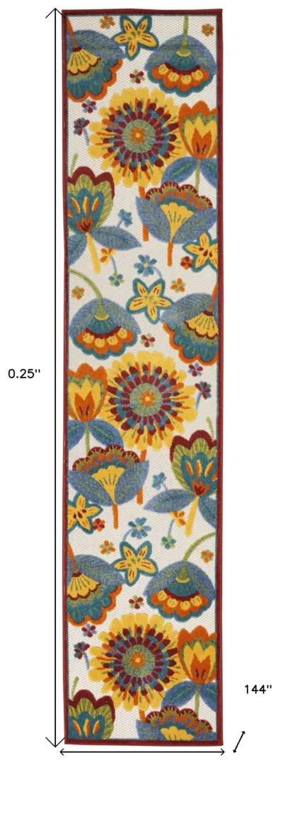 2' X 12' Floral Non Skid Indoor / Outdoor Runner Rug - White Yellow / Blue