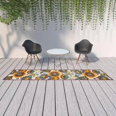 2' X 12' Floral Non Skid Indoor / Outdoor Runner Rug - White Yellow / Blue