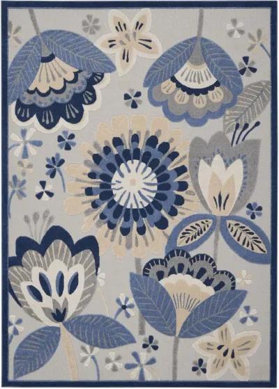 10' X 13' Floral Non Skid Indoor / Outdoor Area Rug - Blue / Gray