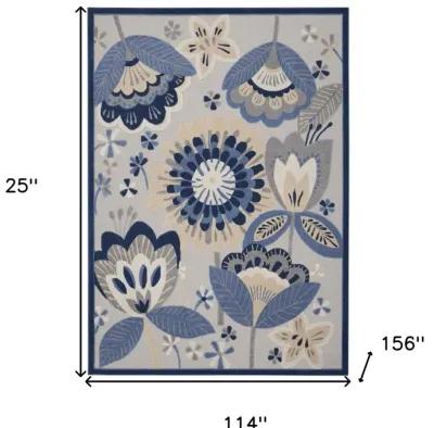 10' X 13' Floral Non Skid Indoor / Outdoor Area Rug - Blue / Gray