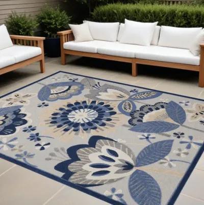 10' X 13' Floral Non Skid Indoor / Outdoor Area Rug - Blue / Gray