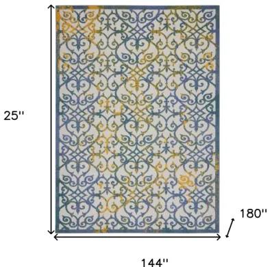 12' X 15' Damask Non Skid Indoor / Outdoor Area Rug - Ivory / Blue