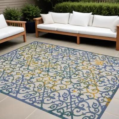 12' X 15' Damask Non Skid Indoor / Outdoor Area Rug - Ivory / Blue