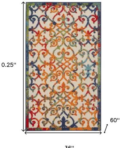 3' X 5' Non Skid Indoor / Outdoor Area Rug - Orange Blue / Green Damask