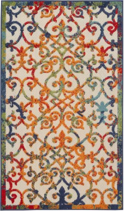 3' X 5' Non Skid Indoor / Outdoor Area Rug - Orange Blue / Green Damask