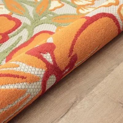 8' X 10' Floral Stain Resistant Indoor / Outdoor Area Rug - Orange / Ivory