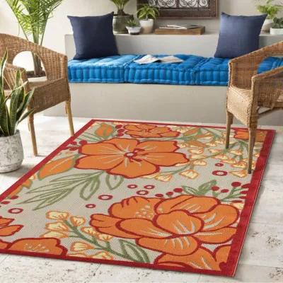 8' X 10' Floral Stain Resistant Indoor / Outdoor Area Rug - Orange / Ivory