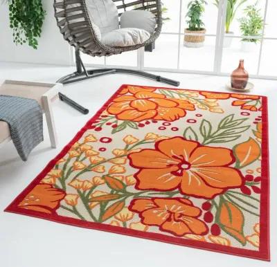 8' X 10' Floral Stain Resistant Indoor / Outdoor Area Rug - Orange / Ivory