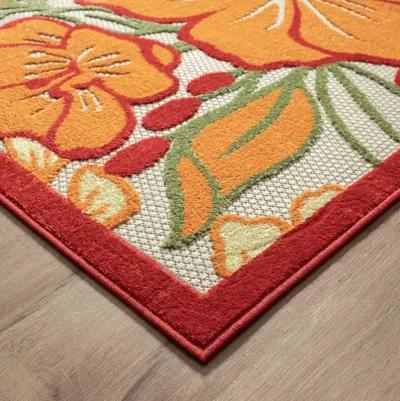 8' X 10' Floral Stain Resistant Indoor / Outdoor Area Rug - Orange / Ivory