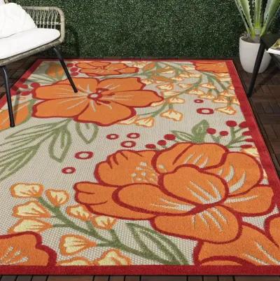 8' X 10' Floral Stain Resistant Indoor / Outdoor Area Rug - Orange / Ivory