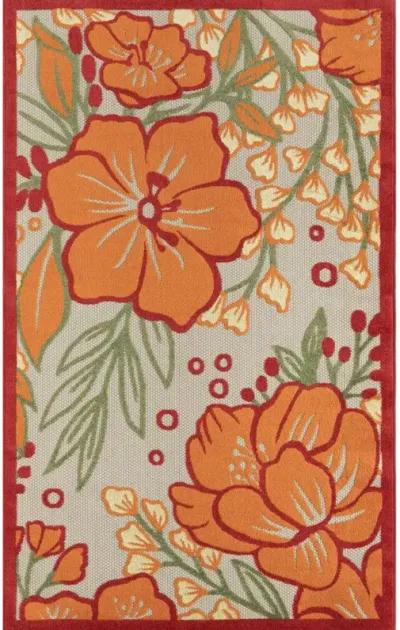 8' X 10' Floral Stain Resistant Indoor / Outdoor Area Rug - Orange / Ivory