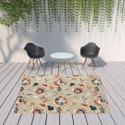 8' X 10' Floral Stain Resistant Outdoor / Indoor Area Rug - Blue / Beige